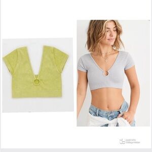 Aerie Green Ribbed Cut Out Crop Top Ring V Neck Size XL